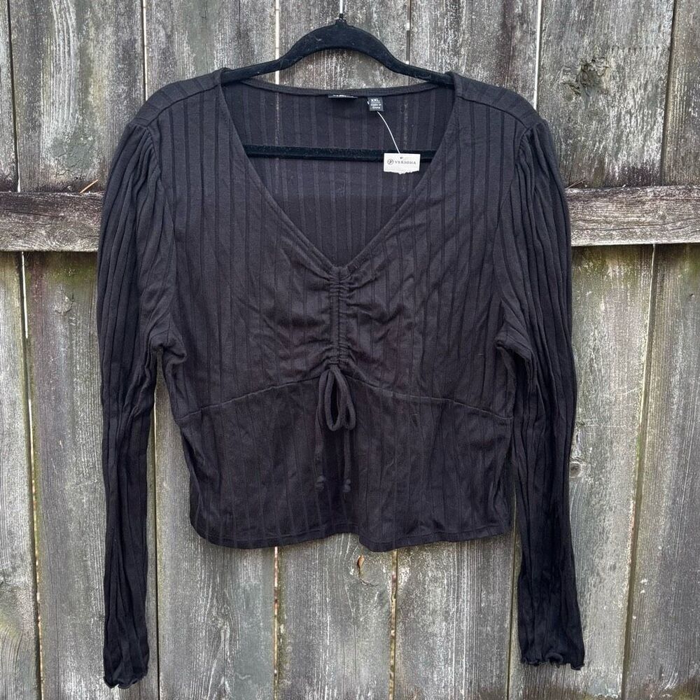 Versona Black Ribbed Tie Front Top XXL